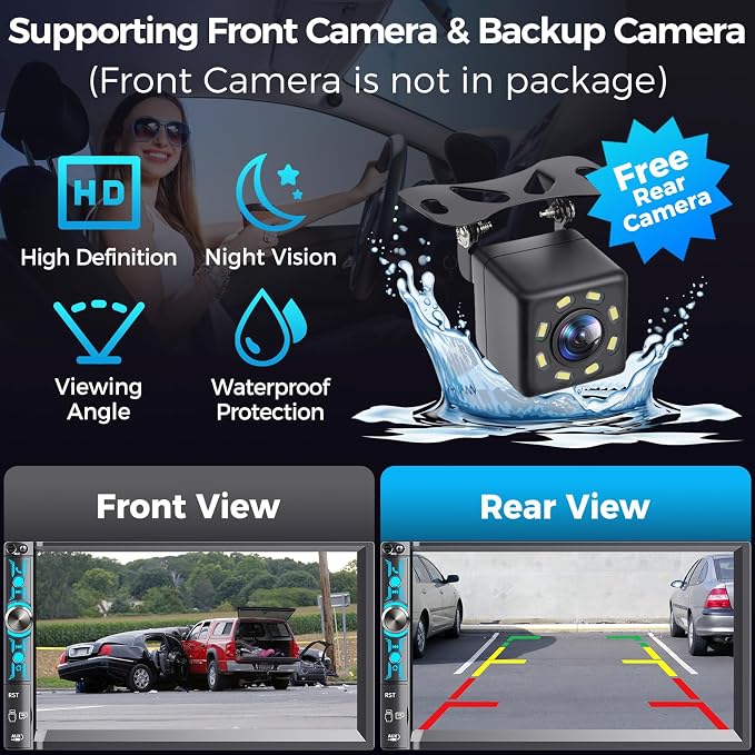 7" Double Din Car Stereo with Wireless Apple CarPlay & Android Auto, Bluetooth, 240W Output, SWC, Dual Subwoofer Support, Mirror Link, FM/AM Radio Receiver, USB-C/AUX/TF Ports,Backup Camera