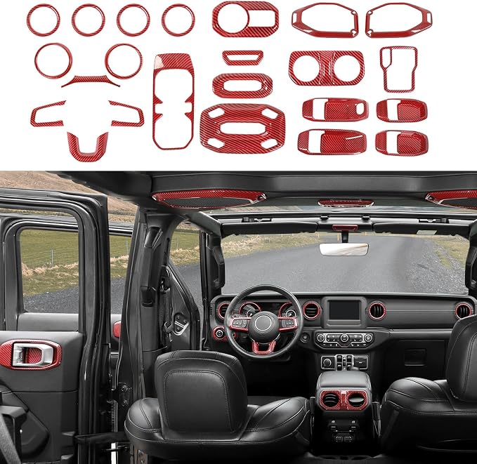 23PCS Full Set Interior Decor Trim Kits Fit for 2018-2023 Jeep Wrangler JL JLU & Gladiator JT 4Door Dashboard Cup Holder Headlight Switch Gear Shift Roof Speaker Map Light Inner Door Bowl Trim