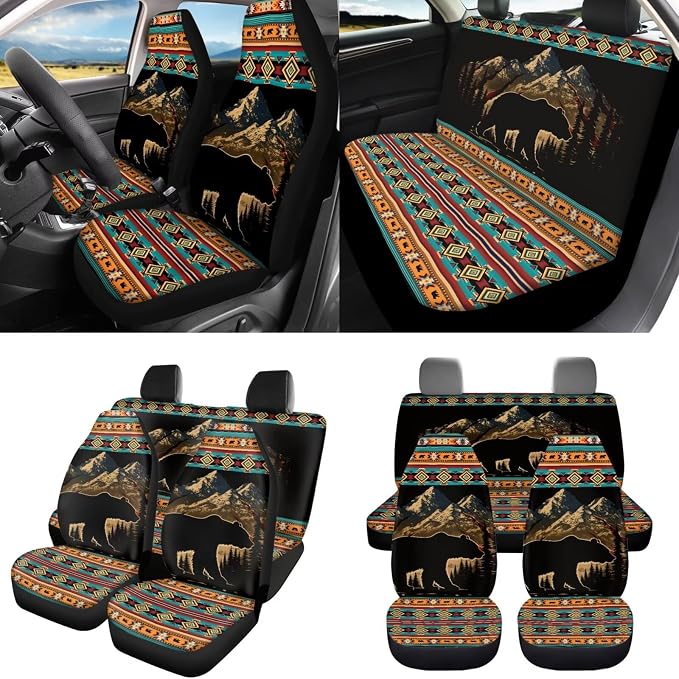 8 Pcs Brown Aztec Bear Car Seat Covers Full Set Car Accessories for Women Front Seat Cover Steering Wheel Armrest Cover Seat Belt Cover for Auto SUV Interior Decoration