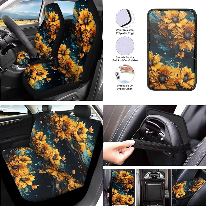 Sunflower Car Seat Cover Set 13 Pcs, Oil Painting Art Seat Belt Strap Pads Cup Coasters Armrest Pad, Watercolor Flower Vehicle Headrest Cover Steer Wheel Covers