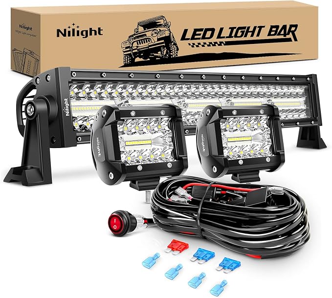 Nilight Led Light Bar 22Inch 480W Triple Row Flood Spot Off Road Driving Lights 2PCS 4 Inch 60W Cube LED Pods Lights with Off-Road Wiring Harness-3 Leads for Boat Truck UTV ATV, 2 Year Warranty
