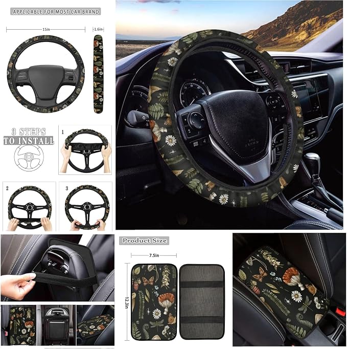 Mushroom Car Seat Covers Full Set of 12 Pcs,Retro Mushroom Auto Steering Wheel Cover/Seatbelt Pad/Armrest Cushion/Coaster/Keychain Universal Auto Interior Protector Accessory