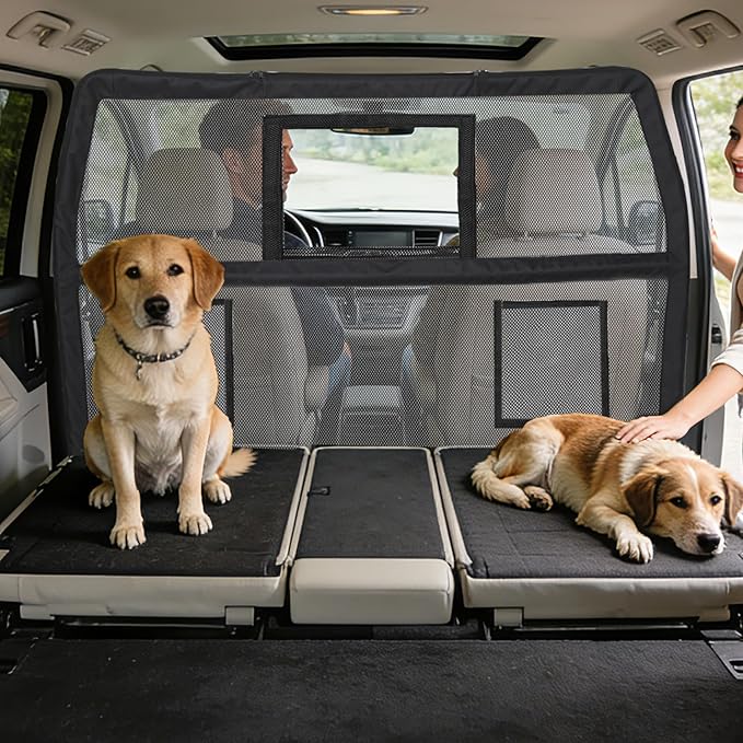 57" Wide Dog Car Barrier with Window & Steel Frame, Universal Fit for Cars, Sedans,SUVs,and Trucks, Car Barrier for Escape-Proof, Vehicle Gate for Dog Travel