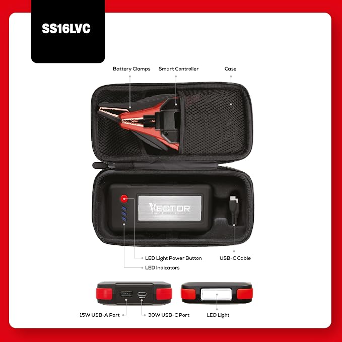 Vector SS16LVC 1600 Peak Amp Automotive Lithium Jump Starter, USB-A(15W), USB-C(30W), Power in & Out with Carrying Case