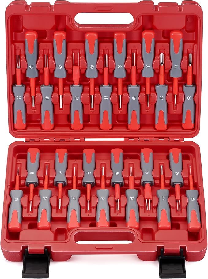 DAYDOOR Terminal Removal Tool Kit, 26 Pcs Depinning Tool Pin Removal Tool Kit, Connector Pin Removal Tool, Pin Extractor Tool Kit for Automotive Car Universal Vehicle Wire Harness（Red）