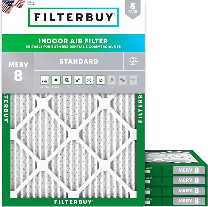 Filterbuy 17.5x23.5x1 Air Filter MERV 8 Essential Dust & Allergy Defense (5-Pack), Electrostatic Pleated HVAC AC Furnace Filters Replacement (Actual Size: 17.38 x 23.38 x 0.75)