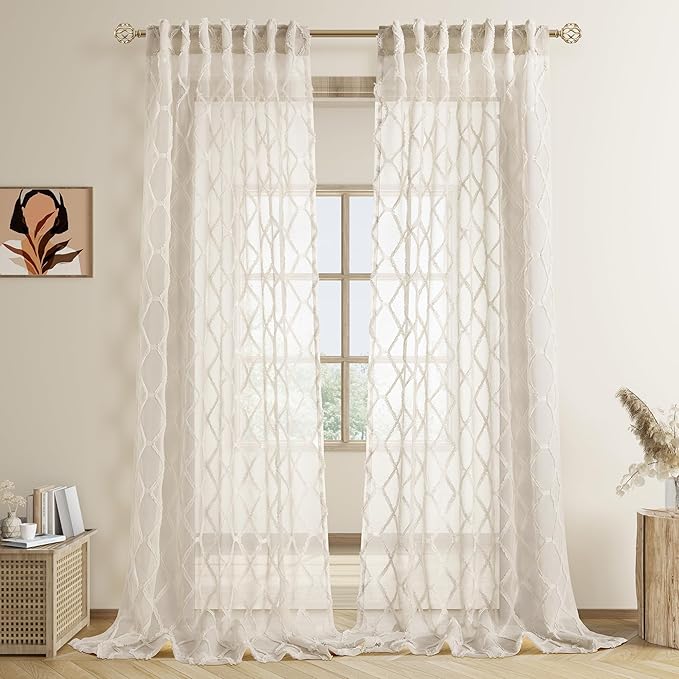 Hokibero Beige Cream Textured Curtains Semi Sheer Window Curtains Light Filtering Ariy Privacy Sheers for Bedroom Living Room Office Patio Door, Beige, 52 inch Wide x 102 inch Long, 2 Panels