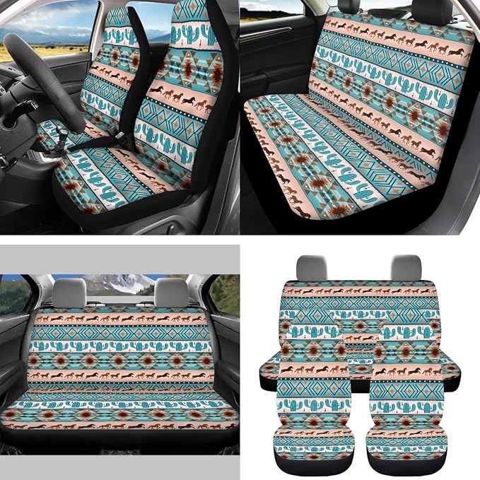 National Style Car Seat Covers Full Set Front Back Split Bench Protector Car Steering Wheel Cover Seatbelts Pads Coaster Keychains Universal Fit Truck, SUV, or Van Forest Hunting