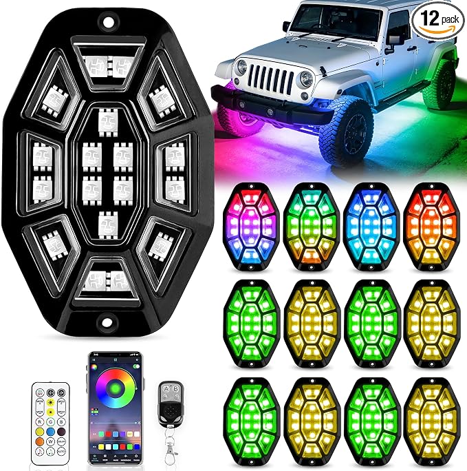 12 Pods 9 Side 216 LEDs Rock Lights, App/2 Remote Control RGB Underglow Lights Compatible with 12V Trucks Jeep UTV ATV Golf Cart,Brake Signal,Waterproof,Music Mode,Plug and Play,Multi-Color(Patented)