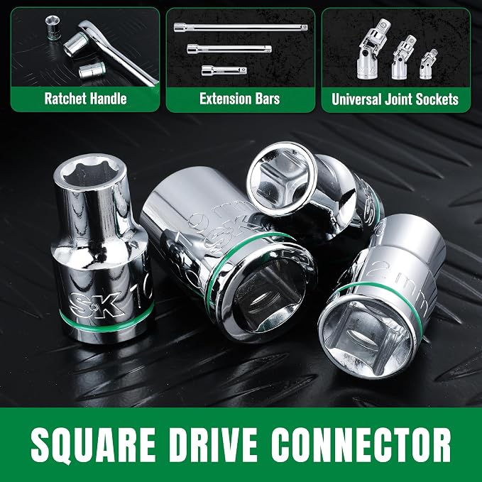 SK 1/2" Drive Socket Set, Metric Sockets, 11-Piece 10-20mm, SuperKrome Finish, Preminum CR-V Construction, with Aluminum Socket Organizer