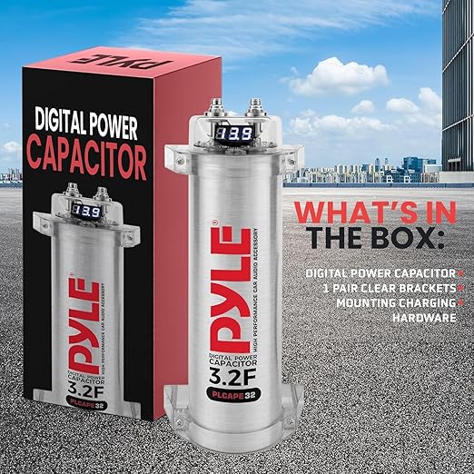 3.2 Farad Digital Power Capacitor - High-Performance Car Audio Accessory with Blue Digital Display | Voltage Readout | Over Voltage Protection | Mounting Hardware | DC 12-24V