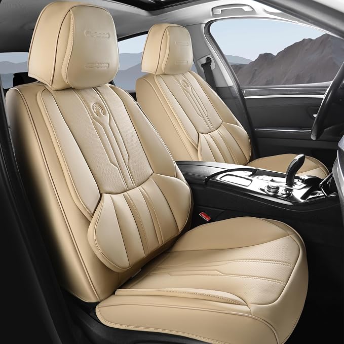 Pickup Seat Covers Custom Fit for Dodge Ram 1500/2500/3500 2002-2026 Faux Leather Seat Cover Set Compatible with Crew, Regular, Quad, Mega Cab, Waterproof Car Truck Cushions (Beige, Flat, Full Set)