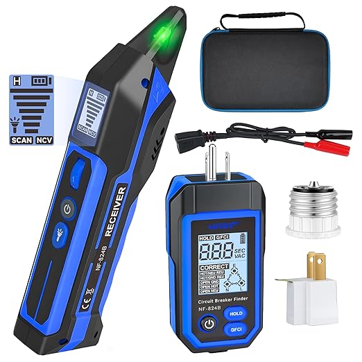 NOYAFA Rechargeable Circuit Breaker Finder with LCD Display & GFCI Outlet Tester, NCV AC Electrical Tester Circuit Tracer Flashlight, Includes Carrying Case and Adapters- NF-824B