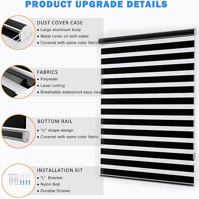 Blackout Zebra Blinds, Dual Layer Free-Stop, Room Darkening Zebra Shades, Blinds for Indoor Windows, Light Filtering Privacy Sheer Shade for Home(28" W X 72" H, Black)