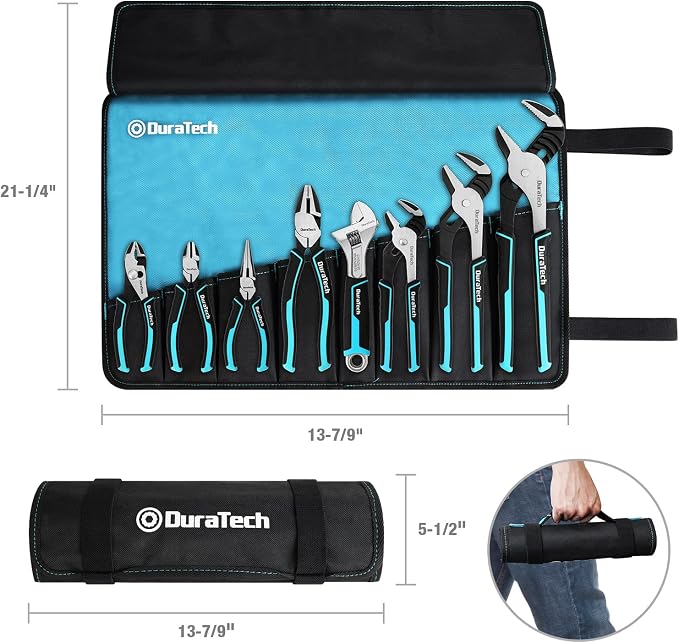 DURATECH 8-Piece Pliers Set with Rolling Pouch, Premium Cr-V/Cr-Ni Construction, (12", 10", 8" Groove Joint Pliers, 8" Adjustable Wrench, 8" Linesman, 6" Long Needle Nose, 6" Slip Joint, 6" Diagonal)
