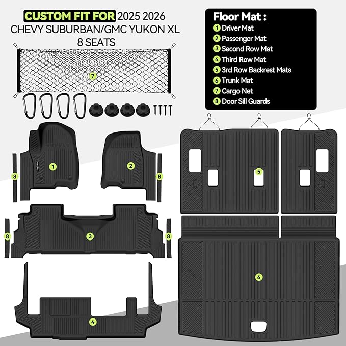Tongama-Floor Mats for 2025 2026 Chevy Suburban/GMC Yukon XL 8 Seats with Bench Seat, All Weather TPE Trunk Mat & 3rd Row Backrest Mats & Cargo Net & Door Sill Guards for Suburban Accessories