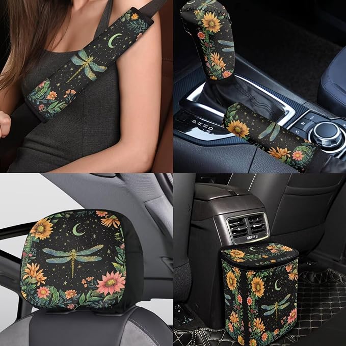 BIGCARJOB Blossom Floral Car Seat Cover Set - 15 Pcs Auto Interior Accessories - Vintage Lotus Steering Wheel Cover, Handbrake, Headrest Pillow, Seat Belt Pads