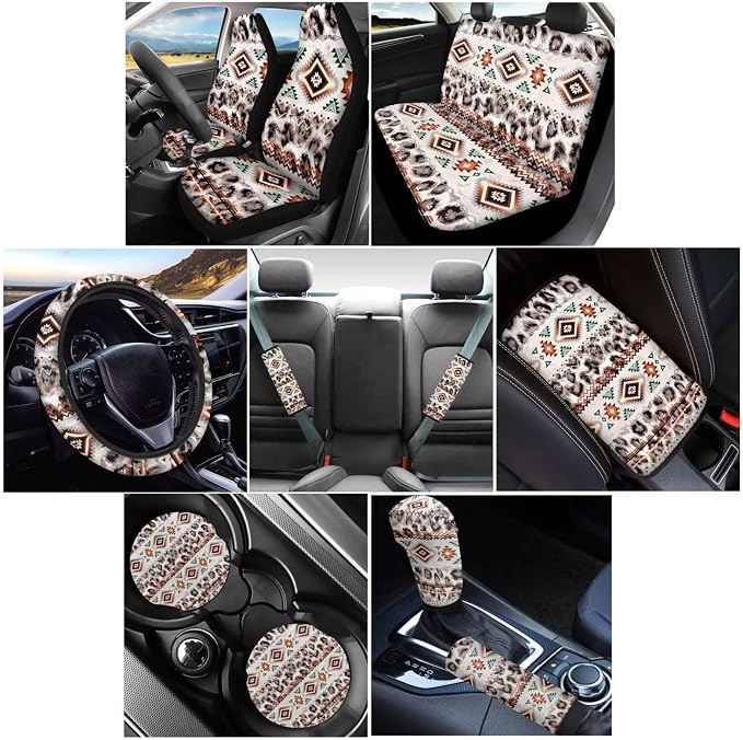 Wanyint 12 PCS Car Seat Cover Set for Women, with Non-Slip Steering Wheel Seatbelt Strap Shoulder Armrest Pad Handbrake Gear Shift Knob Cover Coasters, Aztec Navajo Leopard Print