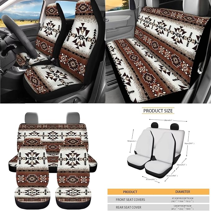 Dreaweet Navajo Car Seat Covers Full Set 15 Pcs Southwestern Native American Geometric Tribal Steering Wheel Cover Seat Belt Pads Coasters Trash Bag Vent Storage Pouch Rearview Mirror Cover Keychain