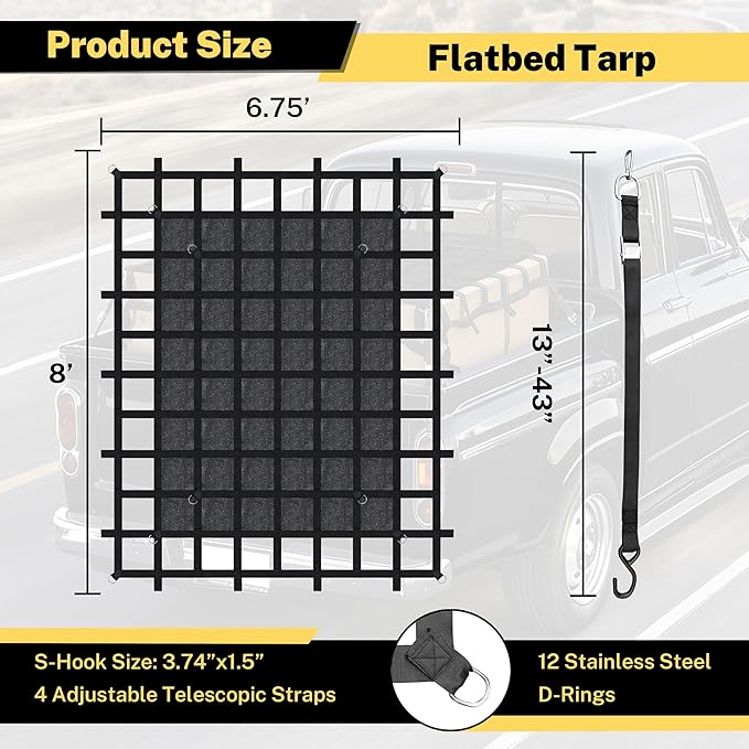 6.75'×8'Cargo Net with Mesh,Basic Waterproof,Breathable,UV Protection,4 Adjustable Straps with Carabiners & S-Hooks.Cargo Net for Pickup Truck Bed is Suitable for Trailer,Pickup Truck,Boat,Jeep,SUV
