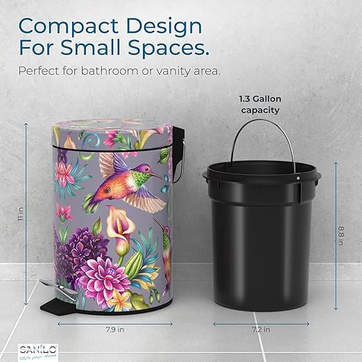 Sanilo Small Bathroom Trash Can with Lid [1.3 Gallon] - Lidded Tiny Trashcan for Garbage - Mini Metal Bin with Soft Closing Mechanism - Bath Room Accessoire Wastebin with Inner Bucket (Hummingbird)