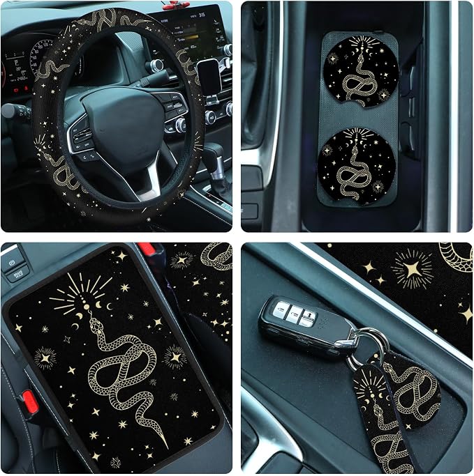 Riakrum 15 Pcs Boho Celestial Snake Seat Covers Full Set Thick Car Front and Back Steering Wheel Cover Seatbelt Strap Armrest Pads Cup Mat Wrist Strap Key Chains for Auto Truck