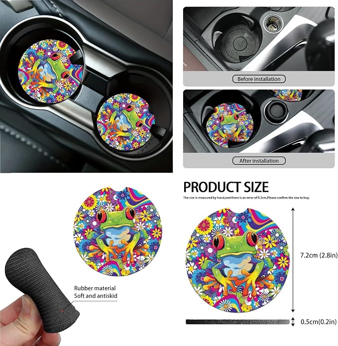 Hippie Frog Floral Print 15 Pack Car Seat Cover Set with Seatbelt Strap Pad Steering Wheel Covers Air Vent Storage Holder Coasters Trash Cans Rear View Mirror Cover Keychain