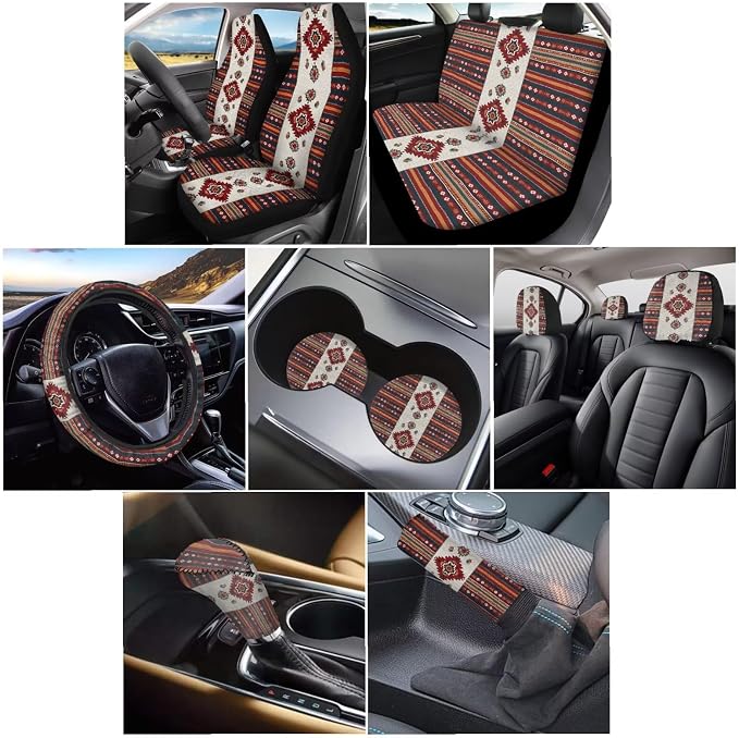 Wanyint Car Seat Cover Full Set 11 Pack, with Steering Wheel Gear Shift Knob Handbrake Headrest Protector Coasters Auto Accessories Decor Universal Fit, Ethnic Tribal Aztec Red