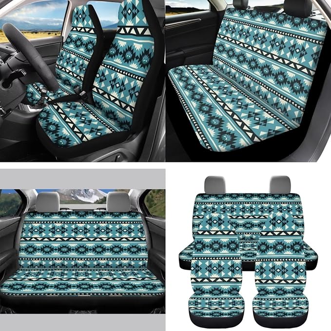 Southwestern Aztec Blue Car Seat Covers Set of 15 with Universal Steering Wheel Cover, Rearview Mirror Cover, Car Trash Can, Seatbelt Pads, Cup Holder Coasters, Keychains