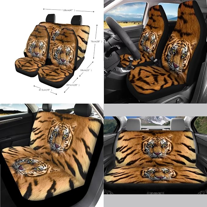 Tiger Print Car Seat Covers Front and Back Full Set with Steering Wheel Cover Armrest Cushion Safety Belt Pads Inside Rearview Mirror Cover Gear Shift Lever + Handbrake Protectors