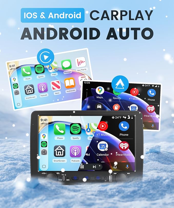 Rimoody Single Din Car Stereo with Wireless Carplay & Android Auto, 9 Inch Touchscreen Car Audio Receiver, Mirror Link, Bluetooth Handsfree/FM/, Backup Camera, SWC, USB/Type-C, EQ, Remote Control
