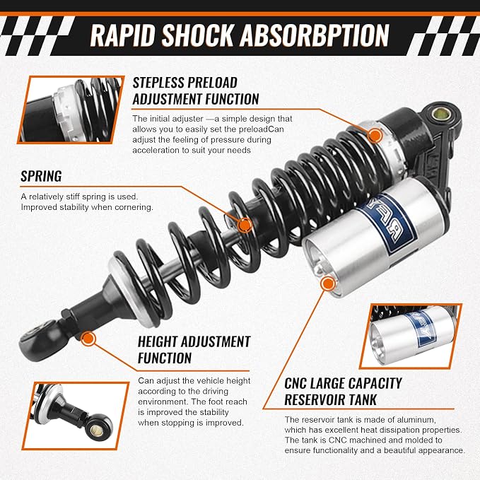 13.4" 340mm Universal Motorcycle Rear Shock Absorbers Suspension for HONDA, for Yamaha, for Suzuki, for Kawasaki ATV Go Kart Quad Dirt Sport Bikes,Black Silver