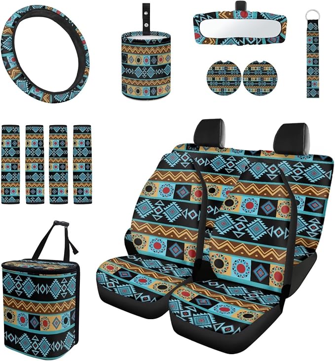Navajo Aztec Car Seat Covers Set of 15 with Universal Steering Wheel Cover, Rearview Mirror Cover, Car Trash Can, Seatbelt Pads, Cup Holder Coasters, Keychains