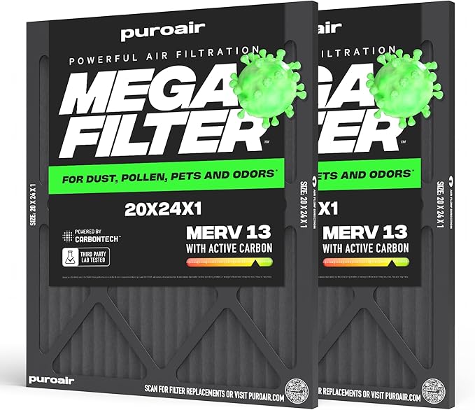 PuroAir MegaFilter - 20x24x1 Air Filter MERV 13 Activated CarbonTech Defense - Heavy Duty 3 Layer Furnace Filters Allergens, Pollen, Dust, Pet Dander, Smoke, Odors - HVAC Air Filter 20x24x1 (2-Pack)
