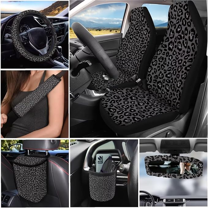 Dreaweet Black Leopard Print Car Seat Covers Full Set for Women,Cheetah Steering Wheel Cover Seat Belt Cover Pad Cup Car Coasters Trash Bag Vent Storage Bag Rearview Mirror Cover Keychain,15 Pcs Set