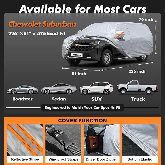 Car Cover Waterproof All-Weather,Heavy-Duty Outdoor Full Exterior Automobiles SUV(Length 202-230 inch) with Windshield Sun Shade Universal Fit Chevrolet Chevy Suburban, GMC Yukon XL etc