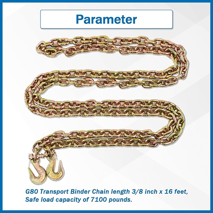 3/8 Inch x 16 Feet Transport Binder Chain G80 Safey Tow Chain with Grab Hooks 7100 Lbs Safe Work Load for Transporting Towing Tie Down Binding Equipment