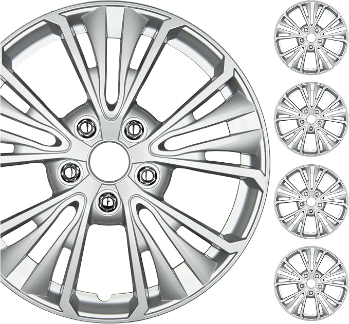 BDK 16 Inch Hubcaps Set of 4 – OEM Replacement Snap-On Wheel Rim Covers - Universal Fit Car Wheel Cover for Cars, Trucks, SUV, Vans Durable ABS 5-Spoke Silver Hub-Cap Car Accessories Exterior