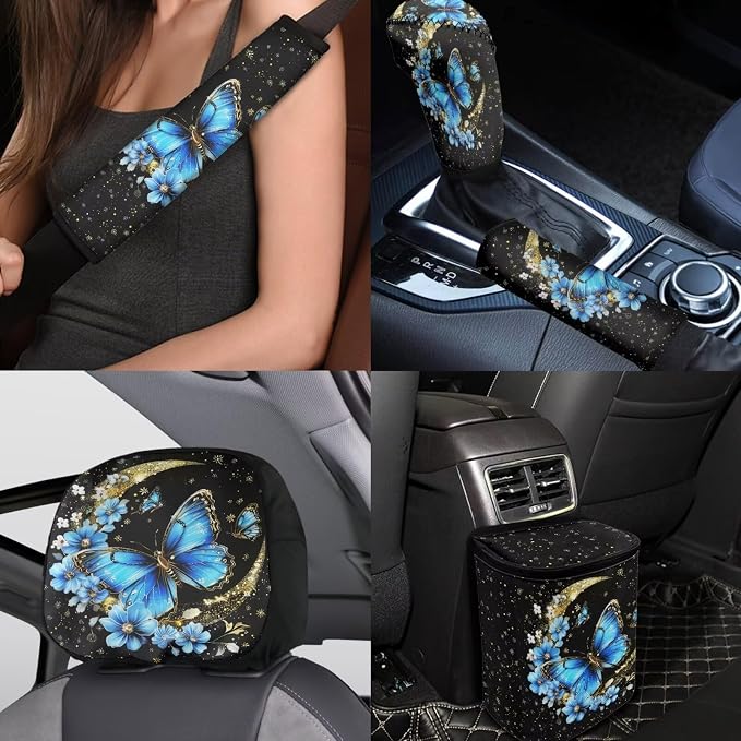 BIGCARJOB Butterfly Car Seat Cover Full Set,15 Pcs Moon Butterfly Auto Interior Accessories Set with Car Seat Head Rest Protective Cover,Auto Garbage Bag,Cup Mats,Seat Belt Pads