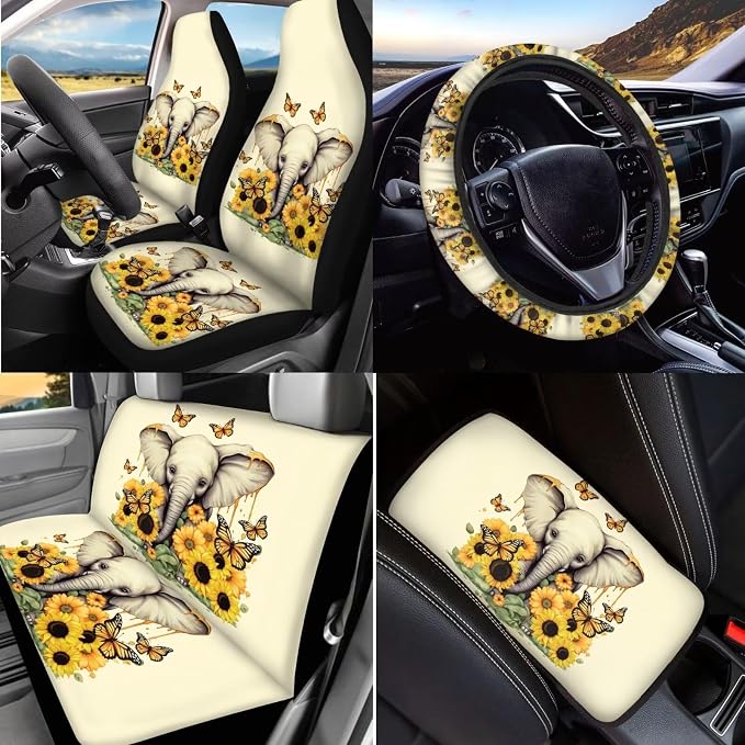 BIGCARJOB Sunflower Elephant Car Seat Cover Set for Front and Back,15 Pieces Sunflower Car Interior Sets with Car Seat Head Rest Protective Cover,Auto Garbage Bag,Auto Accessories Set