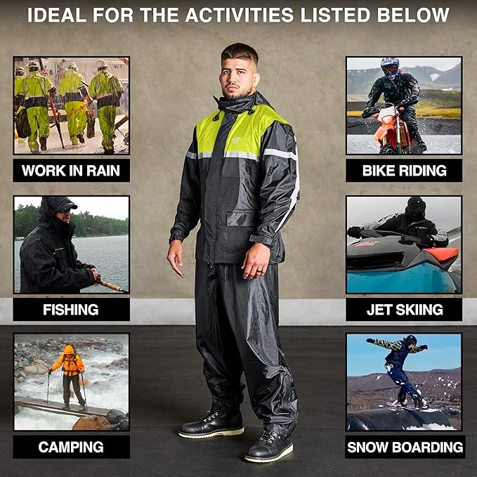 Waterproof Motorcycle Rain Suit, 2-Piece Reflective Gear, Lightweight Riding Jacket & Pants, Protective Raincoat with Hoodie