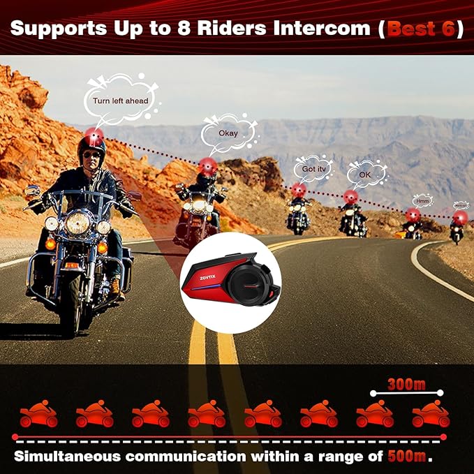 Motorcycle Helmet Headset 8 Riders Communication System X8 Intercom with Music Sharing/HiFi Sound/3 EQ Music Modes/DSP&CVC Noise Cancellation/IP67/FM Radio - X8-Red 1 Pack
