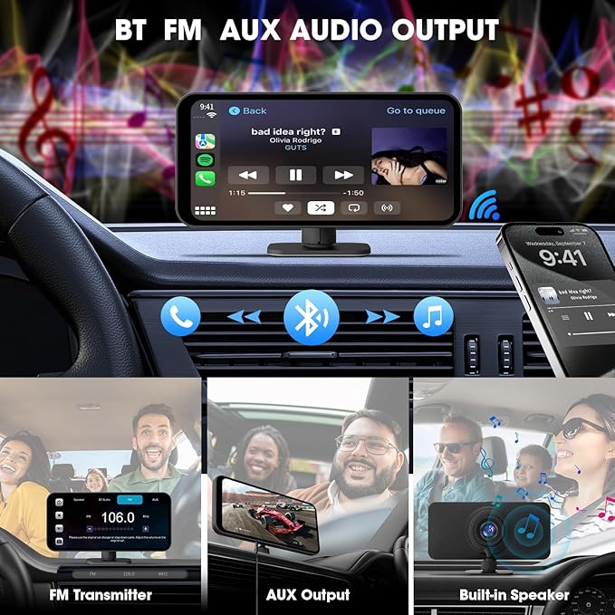 Dash Cam Portable CarPlay Stereo - Wireless Android Auto Car Screen - 6.25" IPS Display 4K Full HD Car DVR Loop Recording 1080P Backup Camera AirPlay Bluetooth GPS Navigation Voice Control