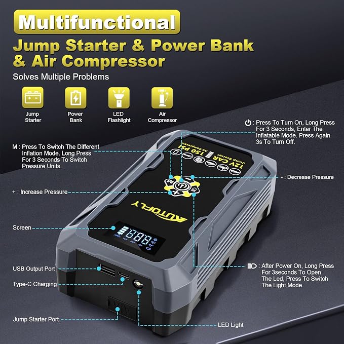 Car Jump Starter with Air Compressor, 3000A Portable Battery Pack with 150PSI Tire Inflator, 37WH DC12V Jump Box for Car Charger Battery Booster with LCD Display (Up 10L Gas/8L Diesel Engine)