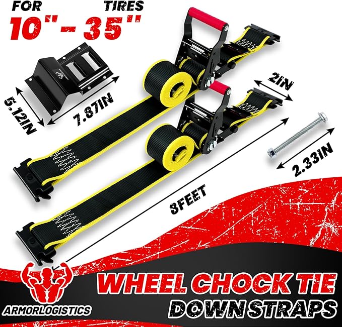 4Pack UTV Wheel Chock Tie-Down Kit, 2 in x 8 ft Heavy Duty Trailer Tire Straps, 4400lb Max Break Strength E Track System for ATV, UTV, SXS, Mower and More (Black)