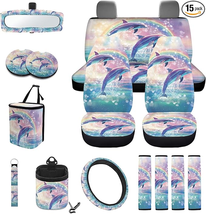 Dolphin Rainbow Print 15 Pack Car Accessories Set Car Seat Covers Steering Wheel Cover Seat Belt Strap Pad Rearview Mirror Cover Garbage Cans Air Vent Storage Bag Cup Holder Key Chain