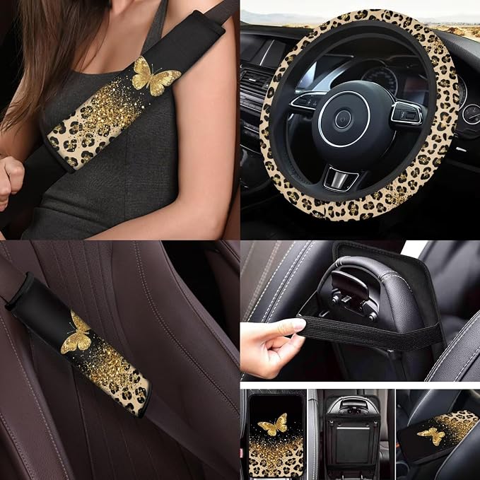 Leopard Print Car Seat Covers 17 Pack,Gold Butterfly Car Accessories Full Sets with Car Mats Full Set,Steering Wheel Cover,Seat Belt Cover,Funda para Volante De Carro Auto Interior for Women