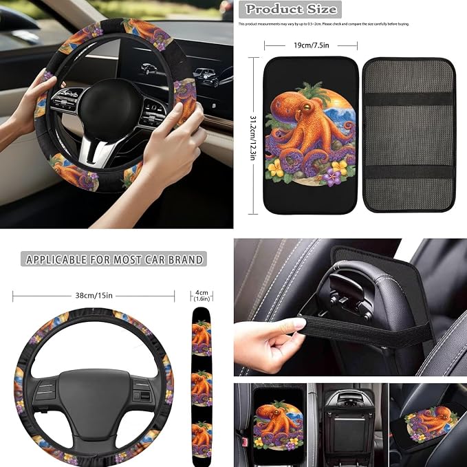 Forchrinse Octopus Car Seat Covers for Women Flower 15Pack Car Accessories with Steering Wheel Cover,Armrest Seatbelt Cover,Car Trash Can,Coaster,Keychain for Truck SUV Vehicles