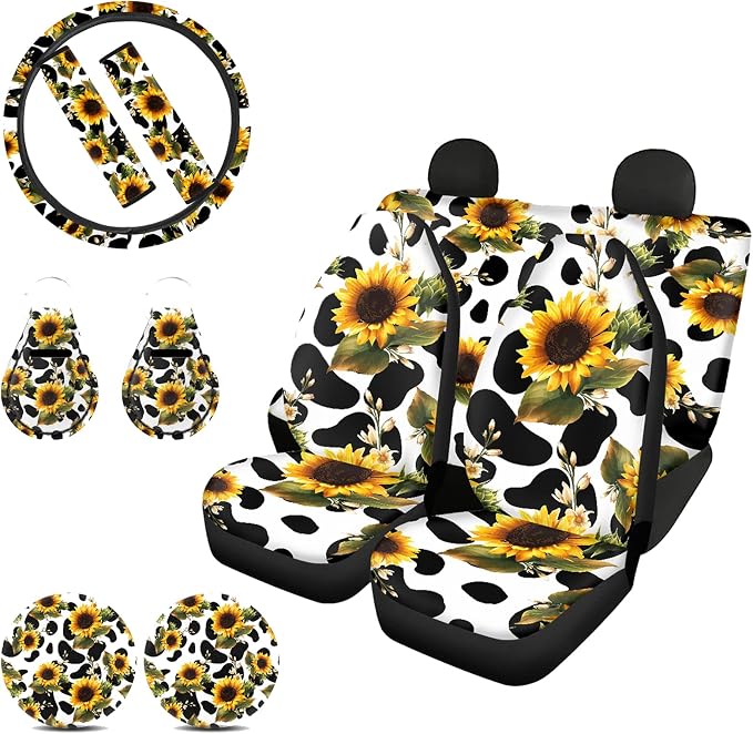 JEOCODY Sunflowers Cow Print Seat Covers for Cars for Women Auto Interior Accessories Full Set with Steering Wheel Cover + Seatbelt Strap Cover+ Coasters+ Key Chains Universal Fit Car SUV Truck