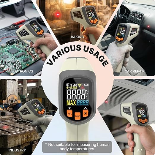 Tilswall Infrared Thermometer, Laser Temperature Gun, -50°C~600°C (-58F~1112F)with Adjustable Emissivity, for Cooking/Pizza Oven/BBQ/Vehicle Repair, Meat Thermometer included, Not for Human(OW), W301
